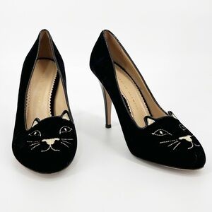 Charlotte Olympia Black Embroidered Velvet Kitty Cat Pumps Size 39 1/2